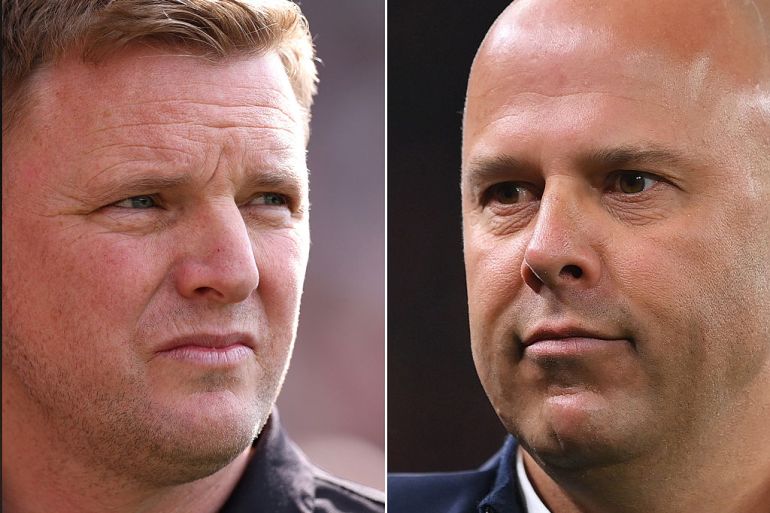 Newcastle manager Eddie Howe (L) and Arne Slot, Manager of Liverpool.