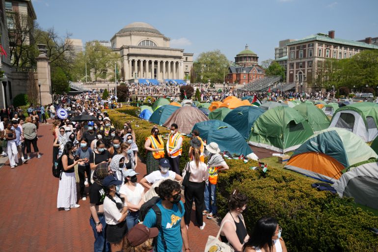 Students march on Columbia University campus in support of a protest encampment supporting Palestine during the war in Gaza