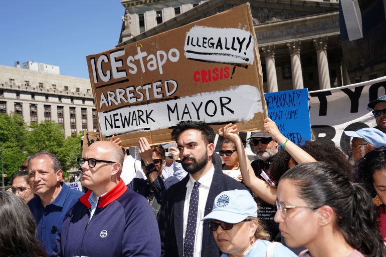 Zohran Mamdani is seen at a protest against ICE in New York