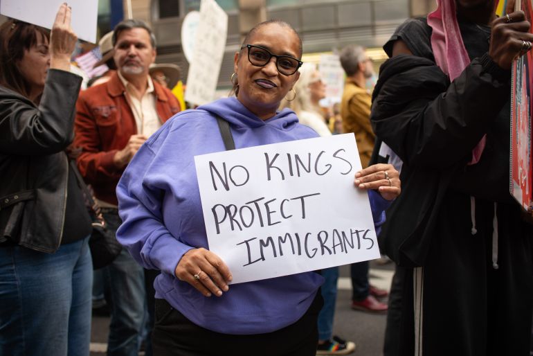 Jovana Liranzo takes part in a 'No Kings' protest in New York City