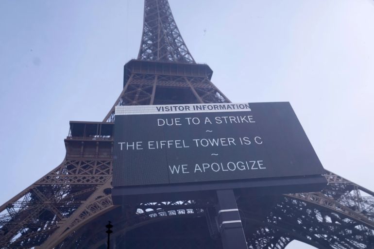 A board at the closed Eiffel Tower during a new round of strikes and protests to denounce spending cuts and demand higher taxes on the rich Thursday, Oct. 2, 2025 in Paris.