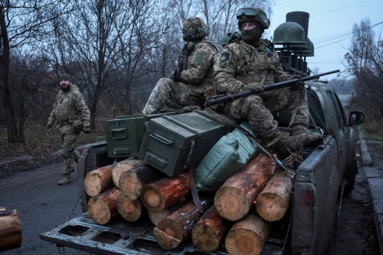 Servicemen of the 93rd Kholodnyi Yar Separate Mechanized Brigade of the Ukrainian Armed Forces ride a pickup truck to a combat mission, amid Russia's attack on Ukraine, near the frontline town of Kostiantynivka in Donetsk region, Ukraine November 27, 2025. REUTERS/Stringer