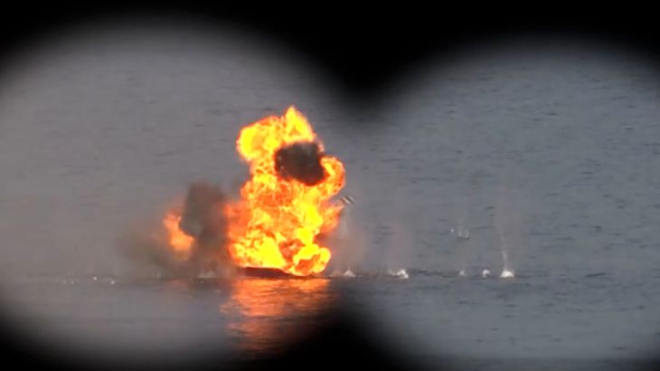 This handout photo released by Iran's Revolutionary Guards Corps (IRGC)'s official website Sepanews on February 16, 2026, shows a target being hit during a military exercise by members of the IRGC and navy in the Gulf.