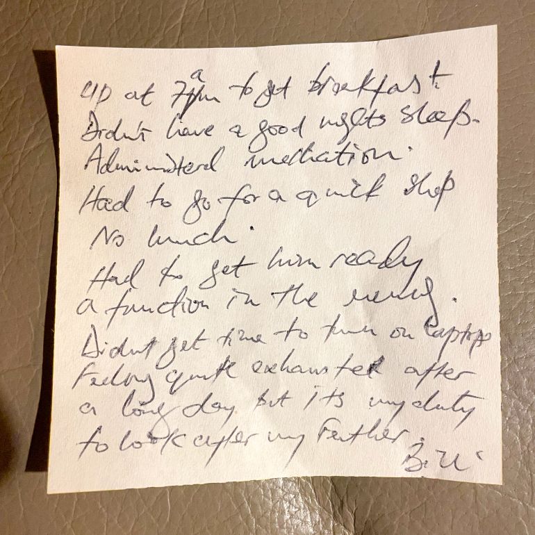 A handwritten note by Bill detailing a day of caring [Courtesy of Bill Singh]