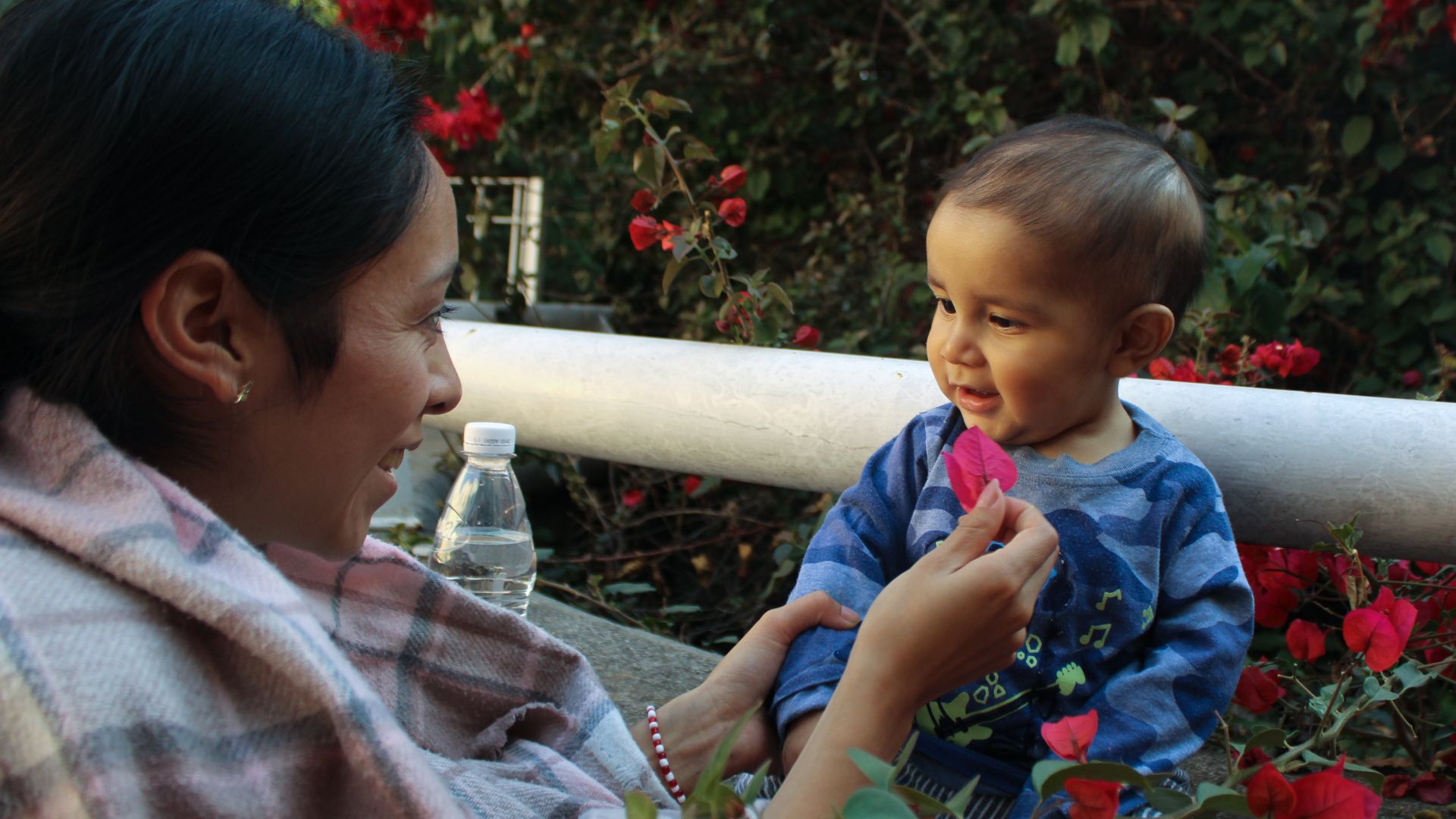 Smiling and laughing, Luisa plays with a red flower in front of her son Juan de Jesús’ damaged eye in the shelter’s garden, turning colour and motion into a shared game_-1773831298