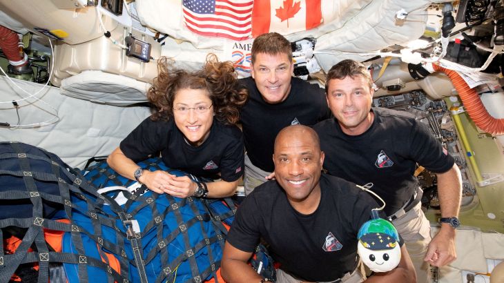 The NASA Artemis II crew, Mission Specialist Christina Koch, Mission Specialist Jeremy Hansen, Commander Reid Wiseman, and Pilot Victor Glover