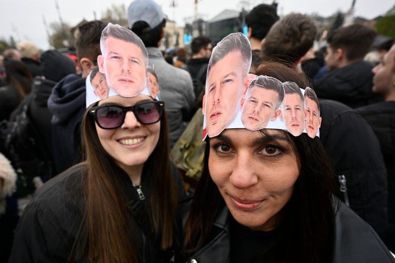 Supporters of opposition leader Peter Magyar during an anti-government concert featuring dozens of popular performers in Budapest on April 10