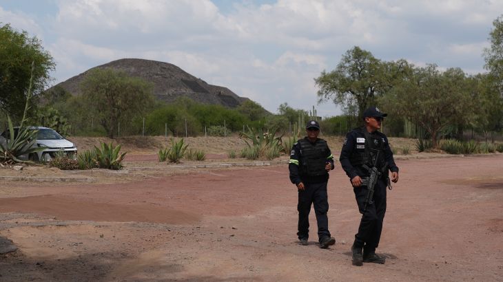 Police patrol the pyramids after an attacker opened fire in Teotihuacan, Mexico