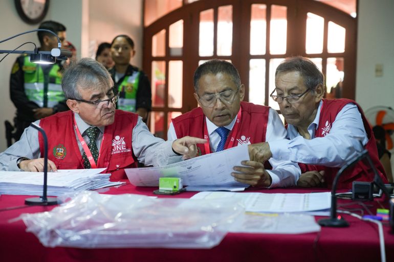 Special Electoral Jury appointees recount votes for the 2026 general election, in Lima, Peru, Wednesday, April 22, 2026. (AP Photo/Guadalupe Pardo)