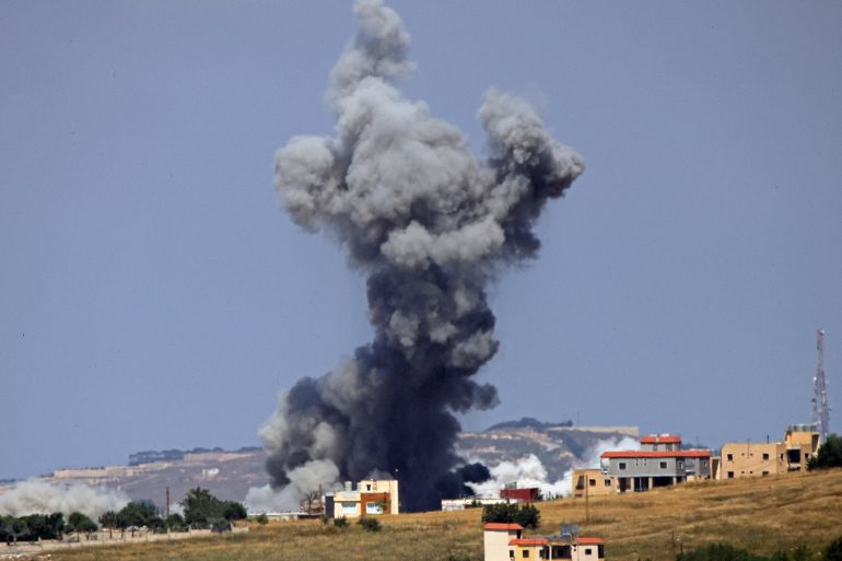 This photograph taken from the Marjayoun area in the southern Lebanon shows smoke rising from the site of an Israeli strike in Kfar Tibnit on May 31, 2026.
