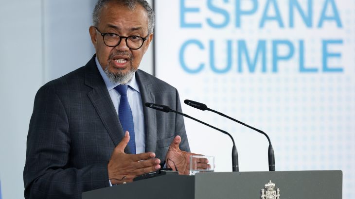 epa12949231 World Health Organization (WHO) Director-General Tedros Adhanom Ghebreyesus briefs the press on the recent hantavirus outbreak linked to the MV Hondius cruise ship during a joint press conference with the Spanish prime minister at Moncloa Palace in Madrid, Spain, 12 May 2026. The ship is currently en route to the Netherlands after completing the evacuation of its passengers and several crew members in Tenerife over the weekend. EPA/CHEMA MOYA