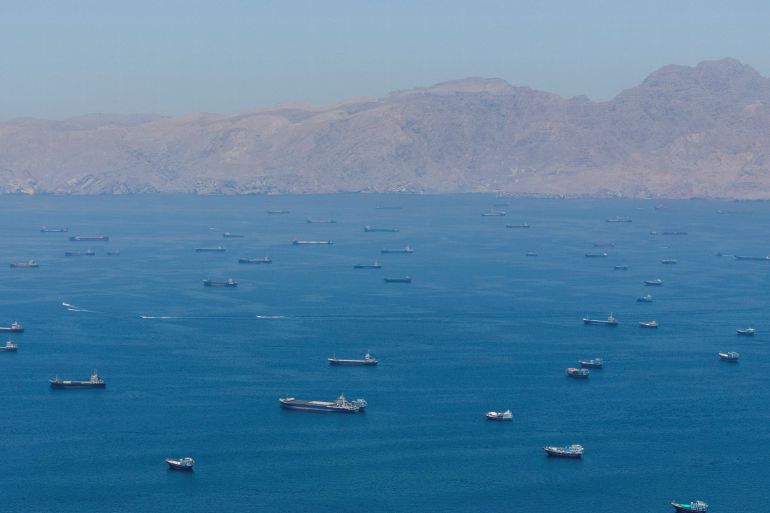 FILE PHOTO: A drone view shows vessels anchored at the Strait of Hormuz, as seen from Musandam, Oman, May 25, 2026. REUTERS/Stringer/File Photo
