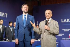 U.S. Vice-President JD Vance and Prime Minister of Pakistan Shehbaz Sharif, at the Lake Lucerne Summit at the Buergenstock resort in Obbuergen, near Lucerne, Switzerland, Sunday, June 21, 2026. URS FLUEELER/Pool via REUTERS