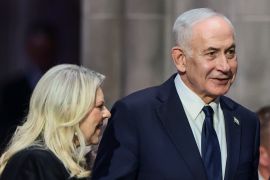 Israeli Prime Minister Benjamin Netanyahu with his wife Sara on the day of the funeral service for late U.S. Senator Lindsey Graham (R-SC) at Washington National Cathedral in Washington, D.C., U.S., July 28, 2026. REUTERS/Evelyn Hockstein