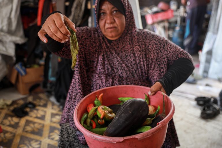 Manal Hamed says fresh vegetables spoil by the next day because of the extreme heat and lack of refrigeration.[Abdelhakim Abu Riash/ Al Jazeera] 